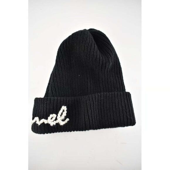 Chanel REV Black Cashmere White Ivory Pearl CC Script Logo Beanie Winter Hat - Picture 7 of 11